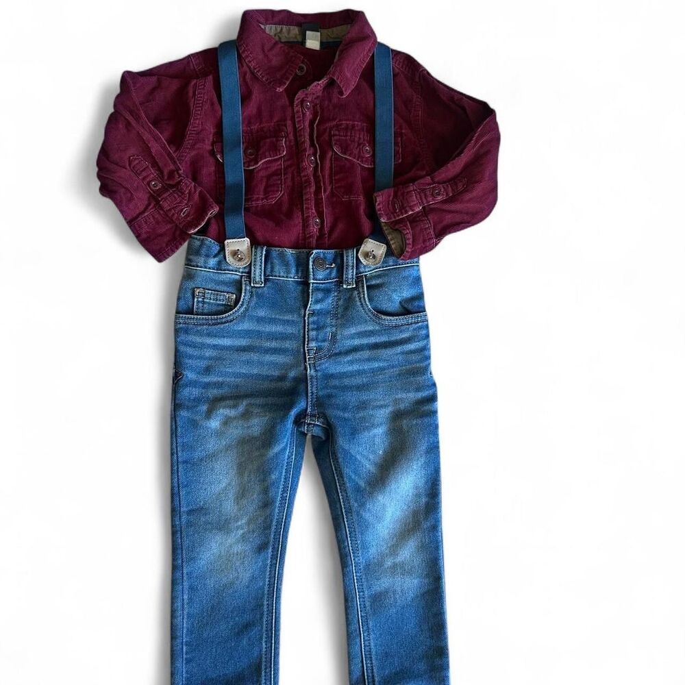Gap boys 2T Carter's Blue jean overalls & Burgundy‎ baby gap shirt EUC